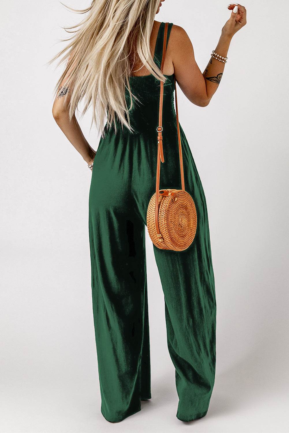 Smocked Square Neck Wide Leg Jumpsuit with Pockets - Selvanelle