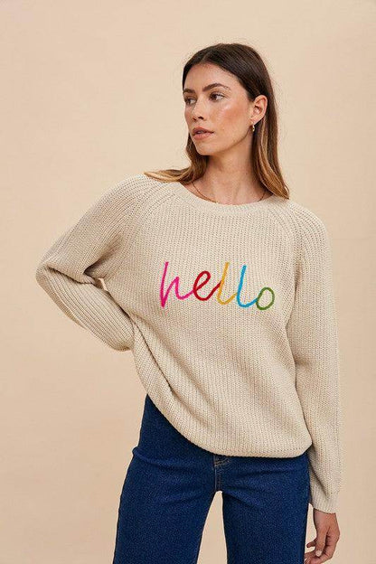 Annie Wear HELLO Embroidered Raglan Sleeve Sweater for Women - Selvanelle
