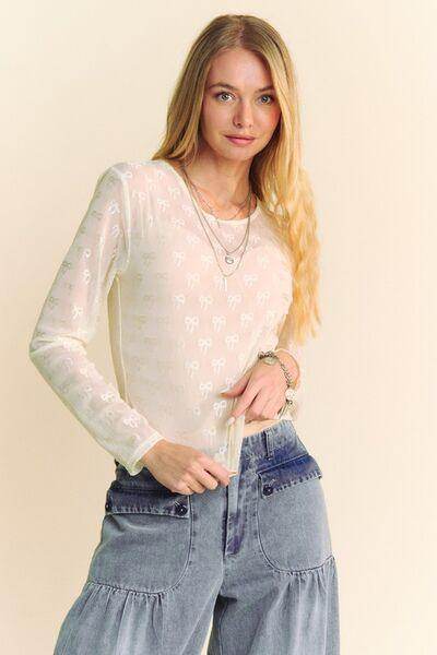 Davi & Dani Bow Mesh Round Neck Long Sleeve Top for Women - Selvanelle