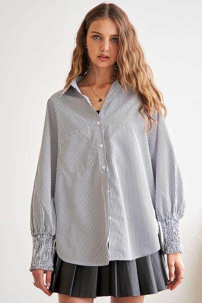 ADORA High-Low Striped Button Down Smocked Lantern Sleeve Shirt - Selvanelle