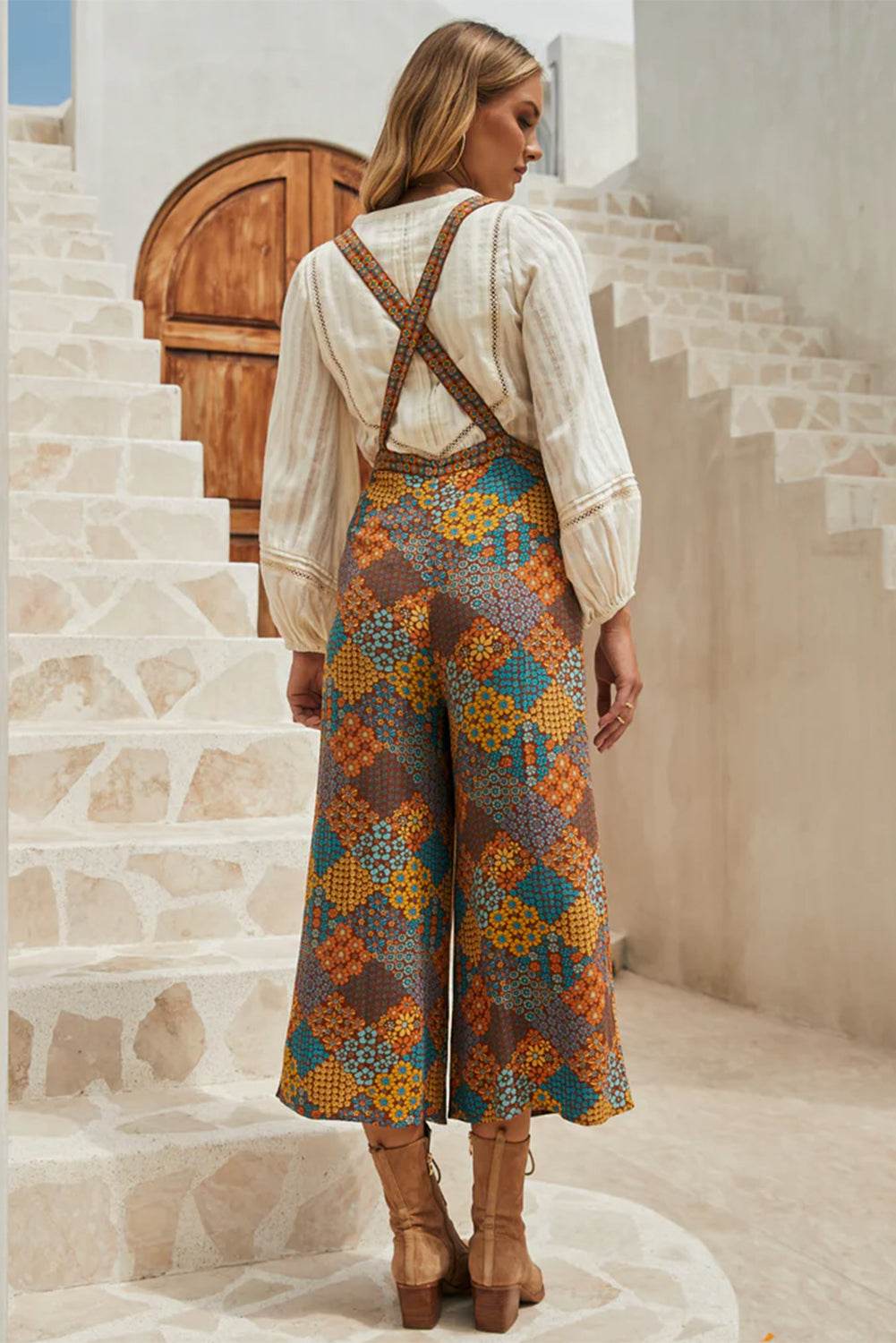 Floral Crisscross Strap Wide Leg Overalls - Selvanelle