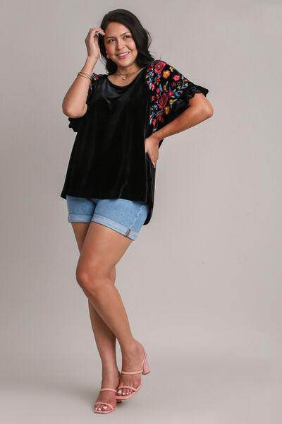 Umgee Full Size Velvet Embroidery Short Sleeve Blouse for Women - Selvanelle