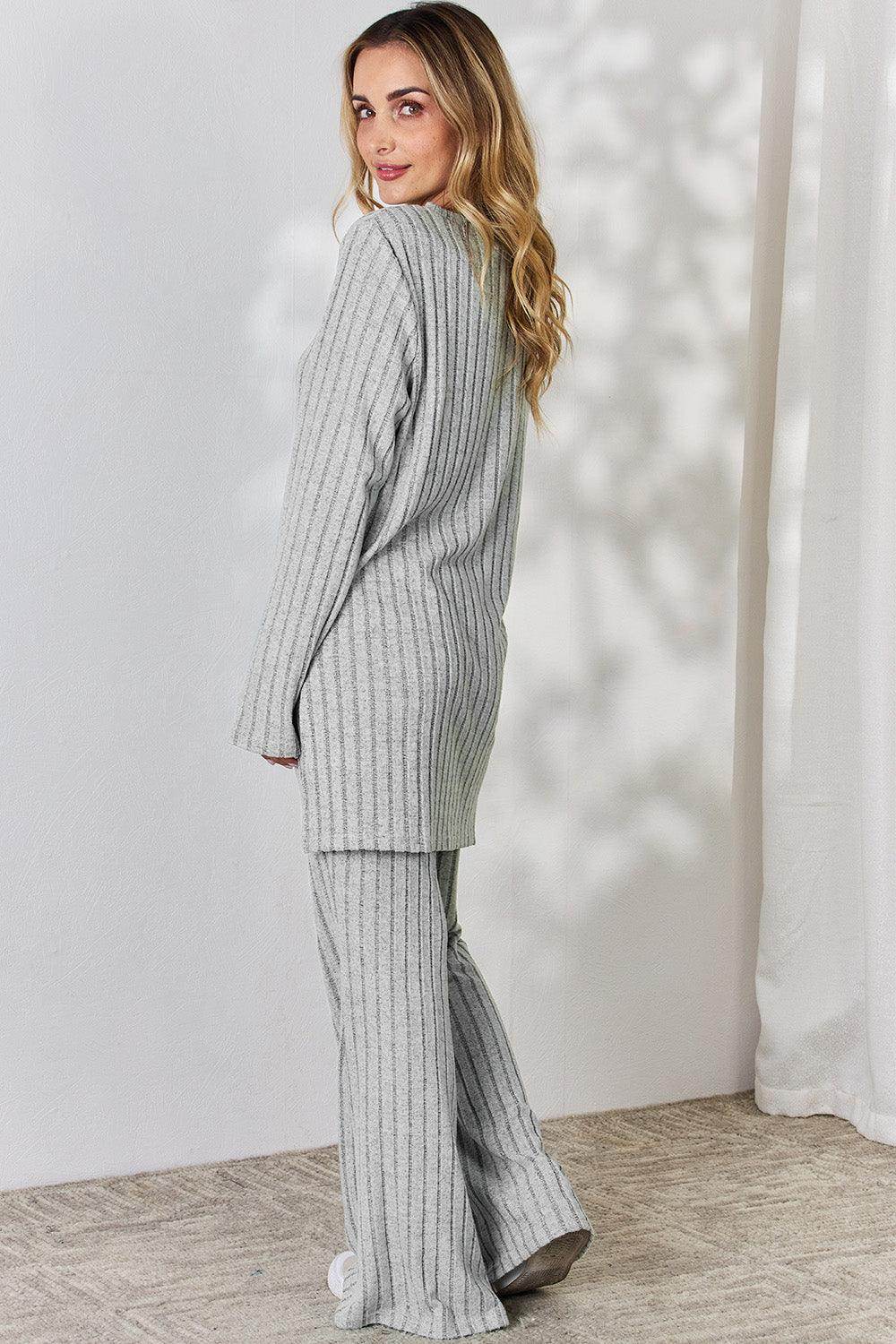Basic Bae Full Size Ribbed High-Low Top and Wide Leg Pants Set - Selvanelle