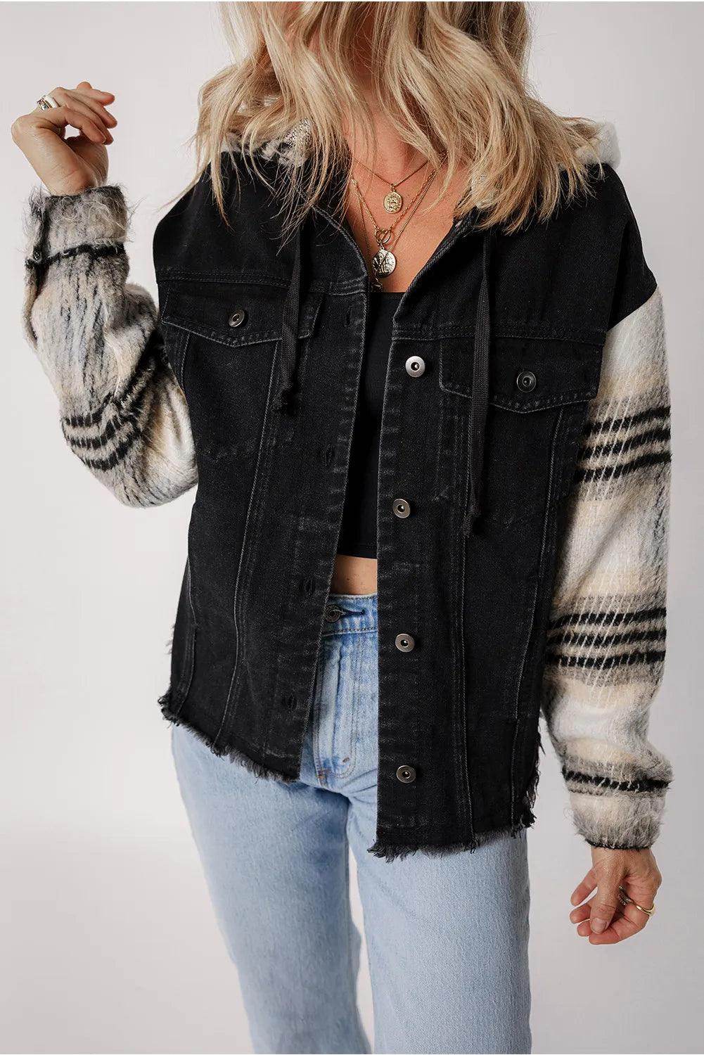 Drawstring Raw Hem Button Up Hooded Denim Jacket for Women - Selvanelle