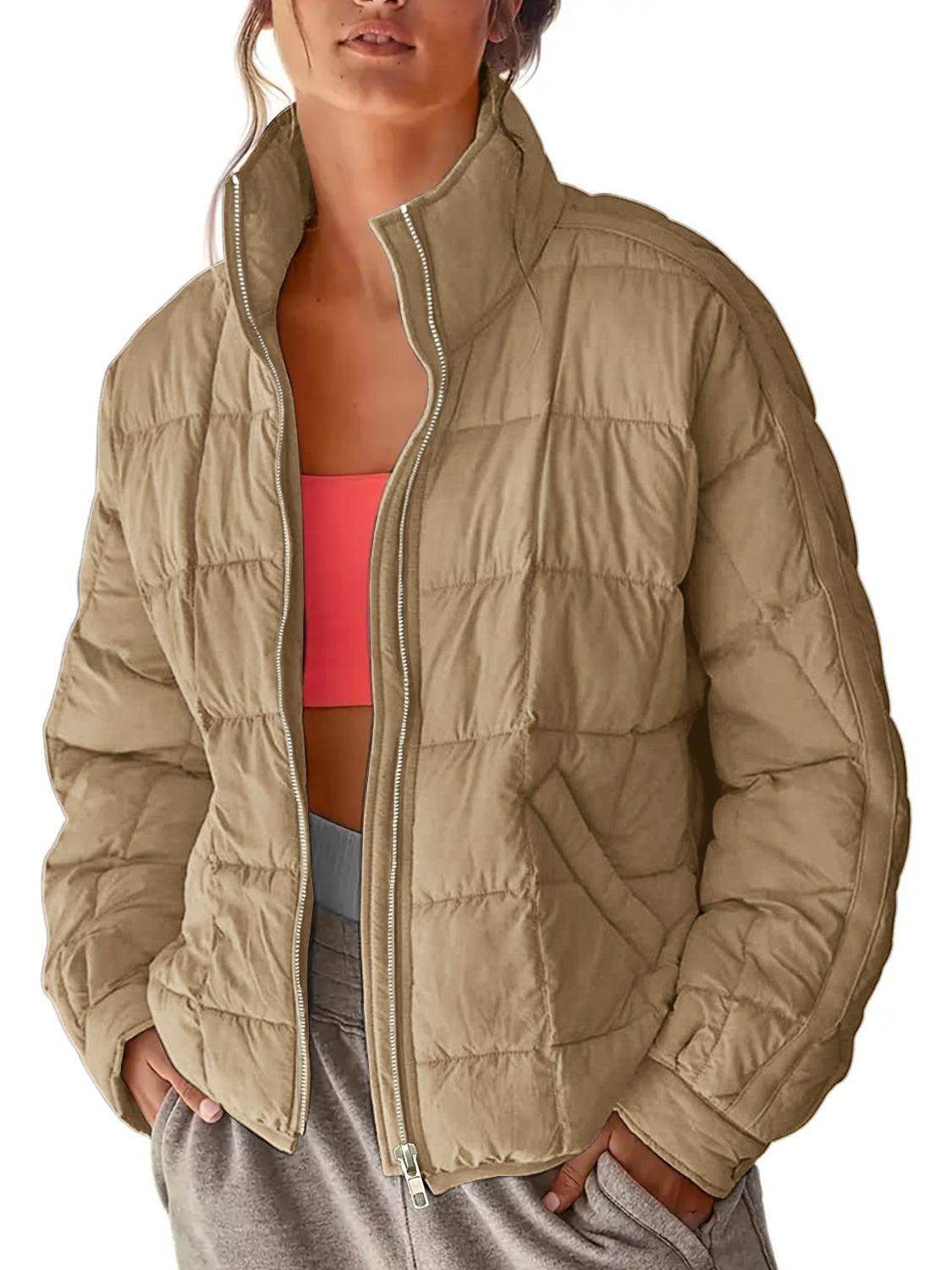 Pocketed Plaid Quilted Zip Up Winter Coat for Women - Selvanelle