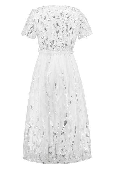 Sequin Leaf Embroidery Tie Front Short Sleeve Dress for Women - Selvanelle