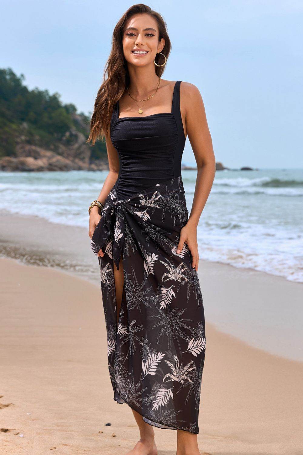 Square Neck Printed One-Piece Swimwear and Cover Up Swim Set - Selvanelle