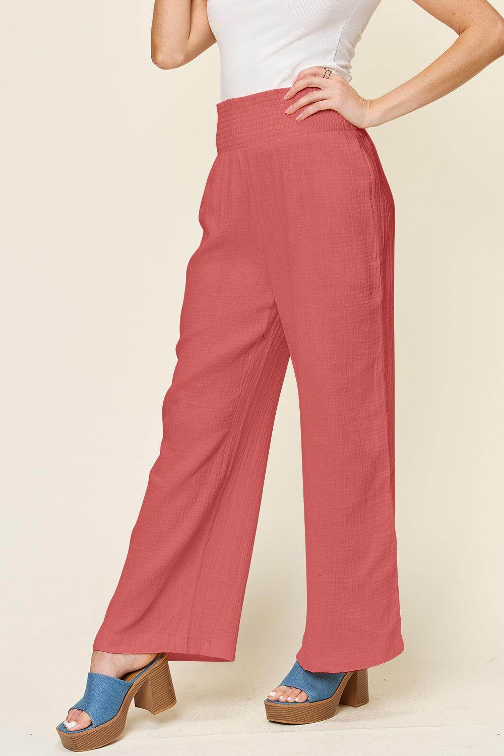Double Take Full Size Texture Smocked Waist Wide Leg Pants For Women - Selvanelle