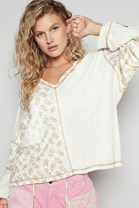 POL Floral Crochet Patch V-Neck Top for Stylish Women