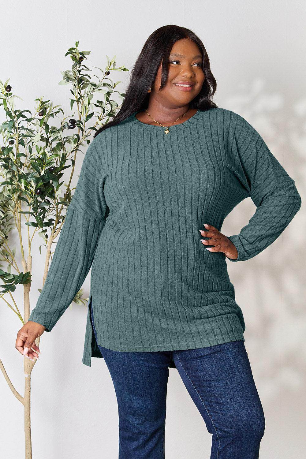Basic Bae Full Size Ribbed Round Neck Long Sleeve Slit Top - Selvanelle