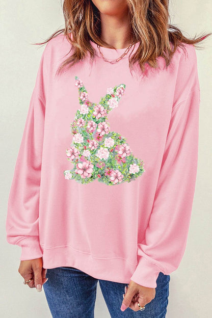 Floral Bunny Round Neck Long Sleeve Sweatshirt - Selvanelle