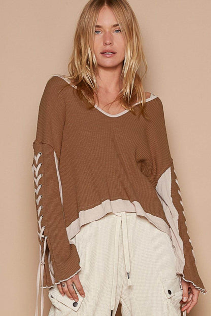 POL Lace-Up Sleeve Color Block Ribbed Knit Top for Women - Selvanelle