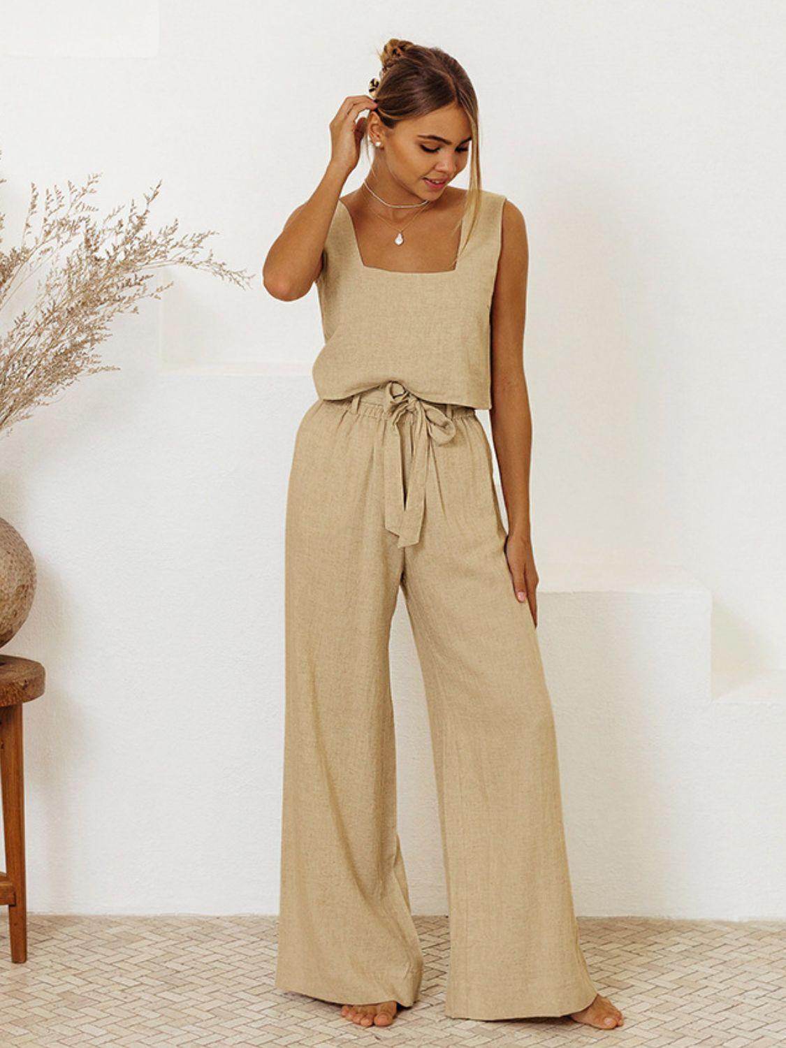 Square Neck Sleeveless Top and Pants Set for Women - Selvanelle