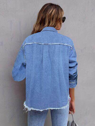 Pocketed Collared Neck Long Sleeve Denim Shirt for Women - Selvanelle