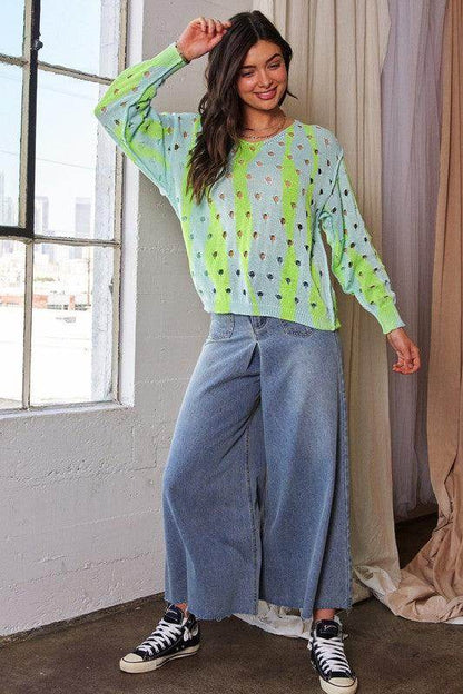 Davi & Dani Two-Tone Ribbed Hem Openwork Knit Top Style - Selvanelle