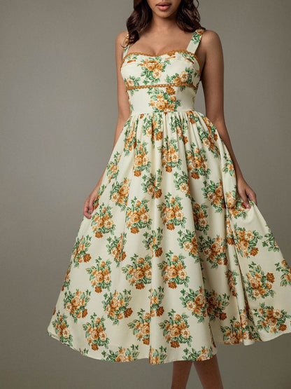Lace Trim Floral Sleeveless Midi Dress - Selvanelle