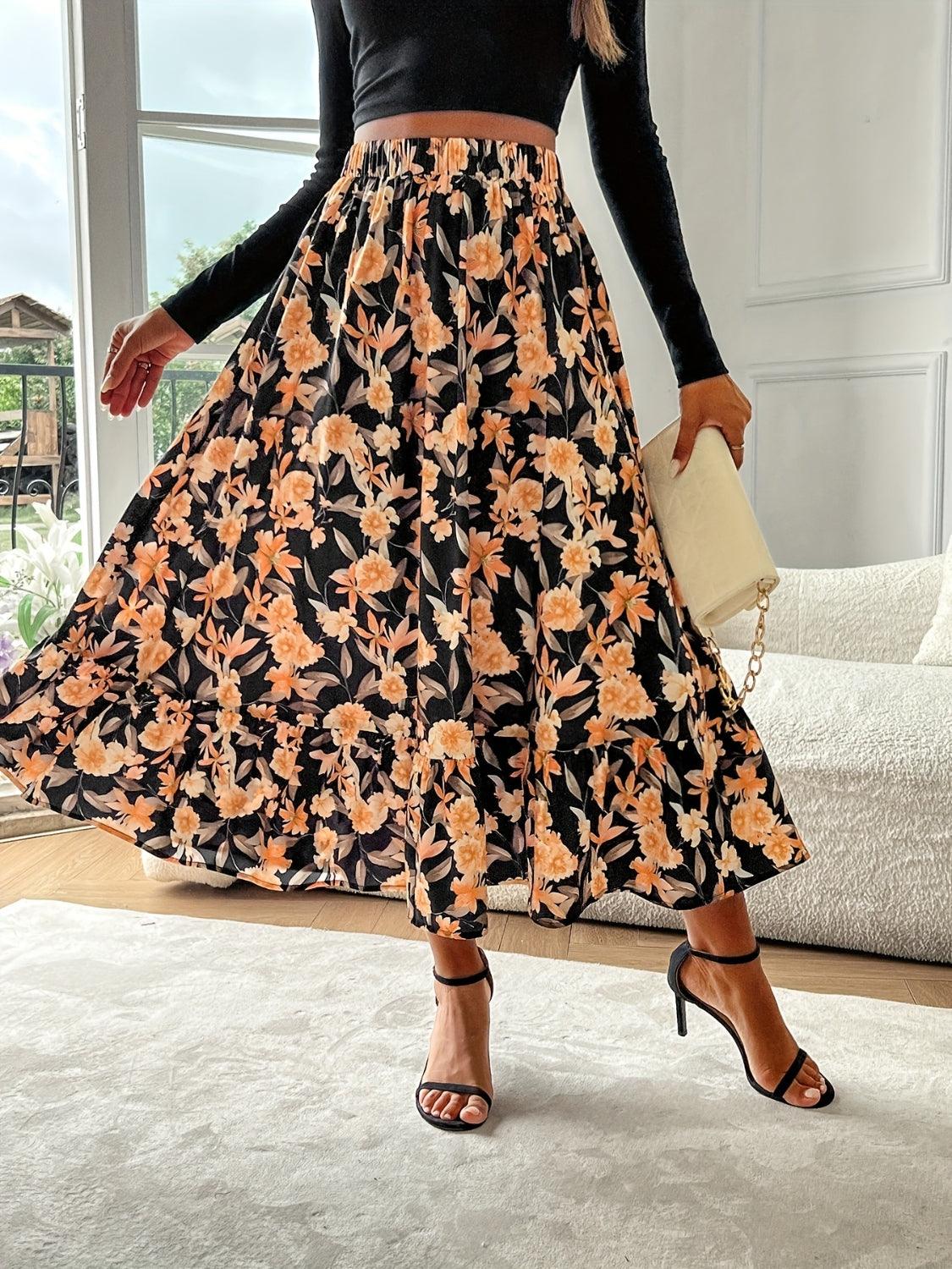 Floral Elastic Waist Midi Skirt for Effortless Style