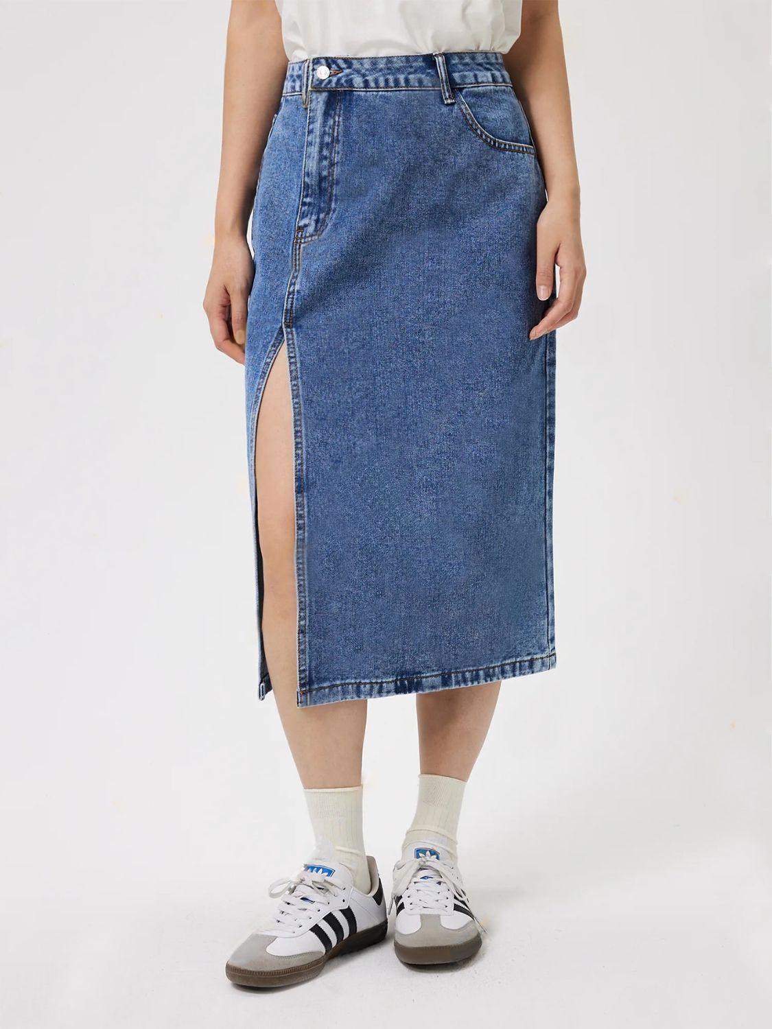 Slit Midi Denim Skirt with Pockets for Stylish Look