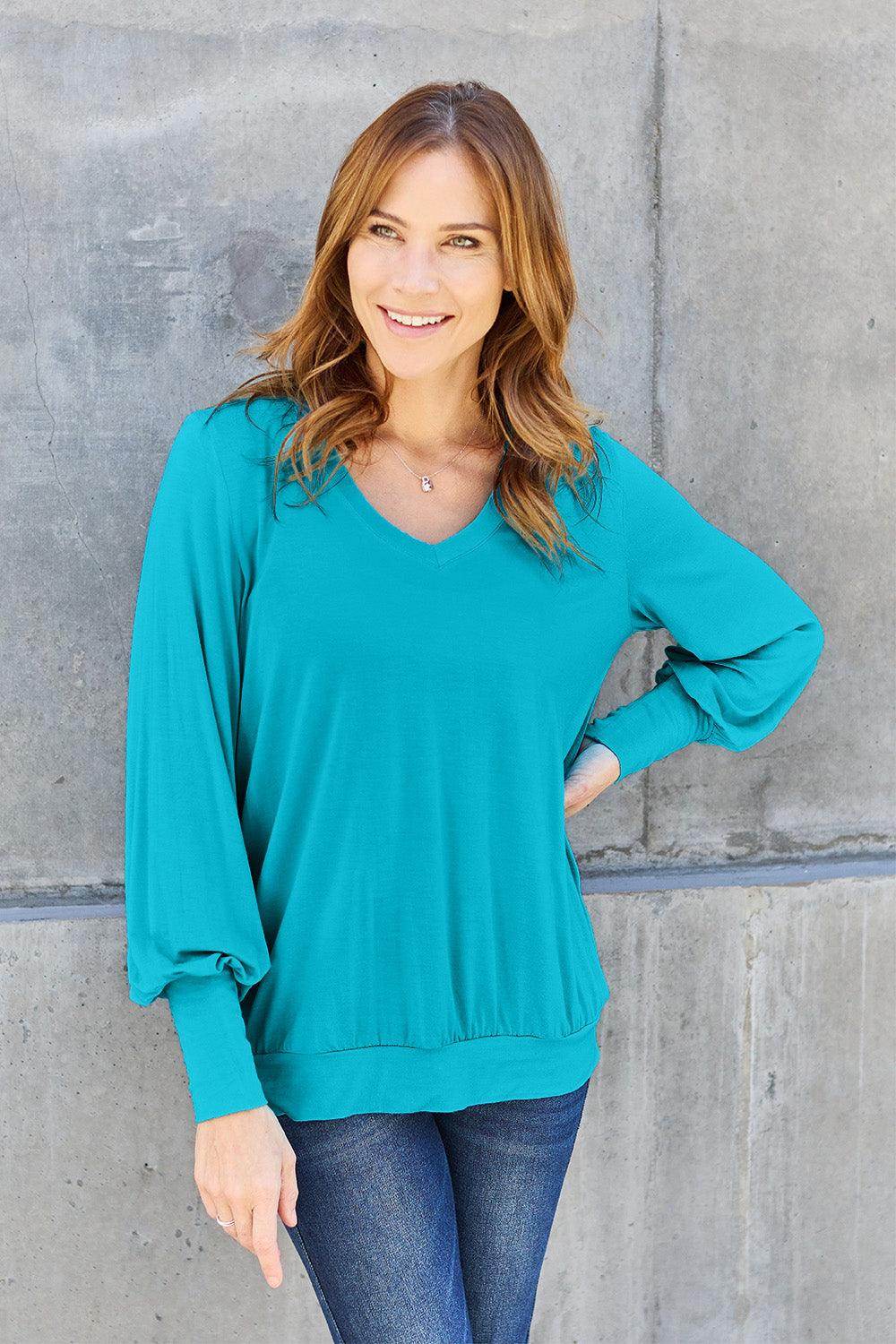 Basic Bae Full Size V-Neck Lantern Sleeve Top for Women - Selvanelle