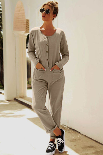 Buttoned Drop Shoulder Pocket Jumpsuit - Selvanelle
