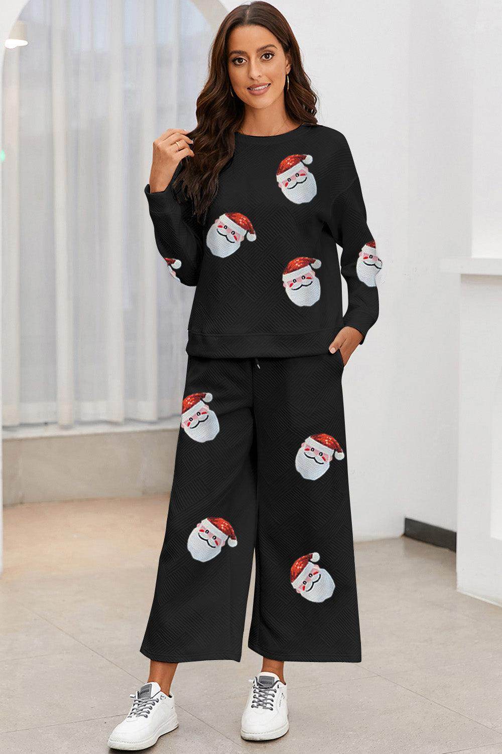 Santa Sequin Round Neck Top and Pants Set for Women - Selvanelle