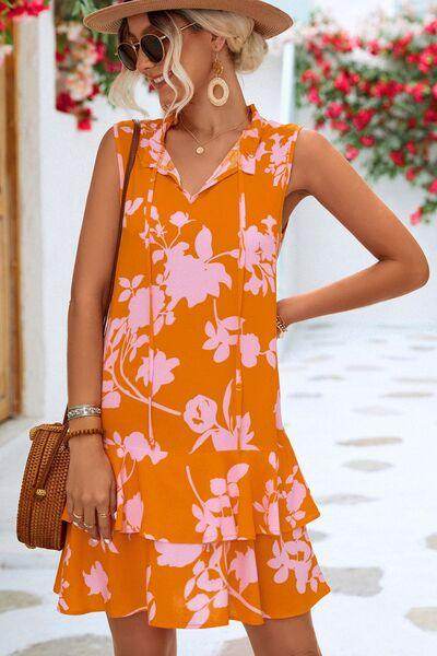 Printed Tie Neck Sleeveless Dress for Women Casual Wear - Selvanelle