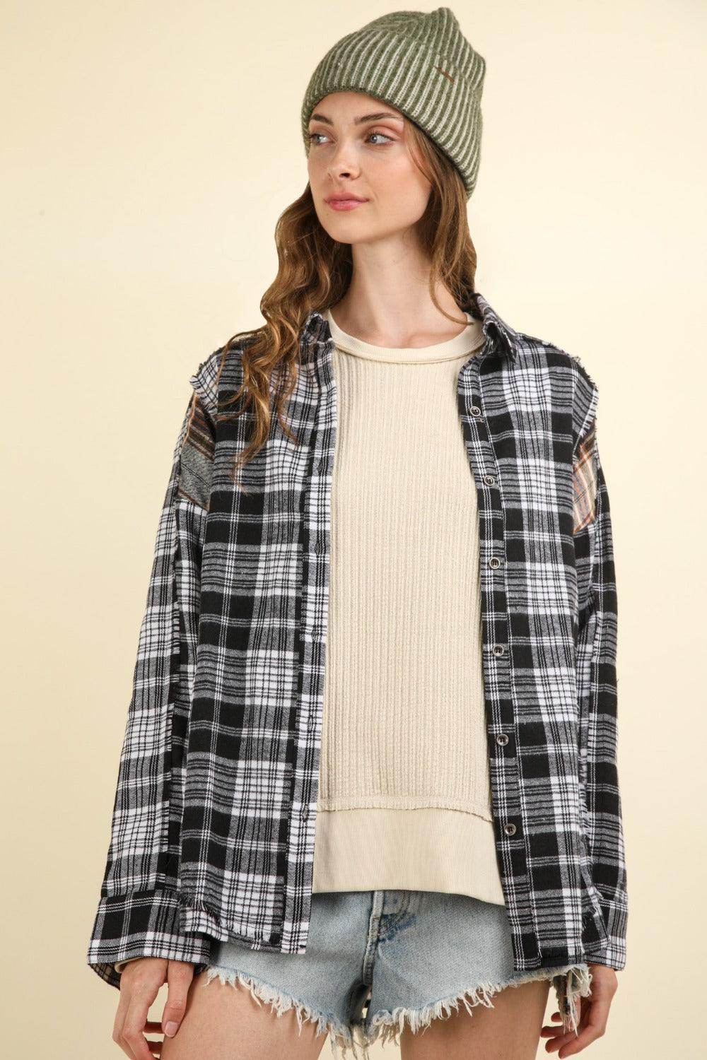 Very J Contrast Plaid Raw Detail Shirt for Casual Style - Selvanelle