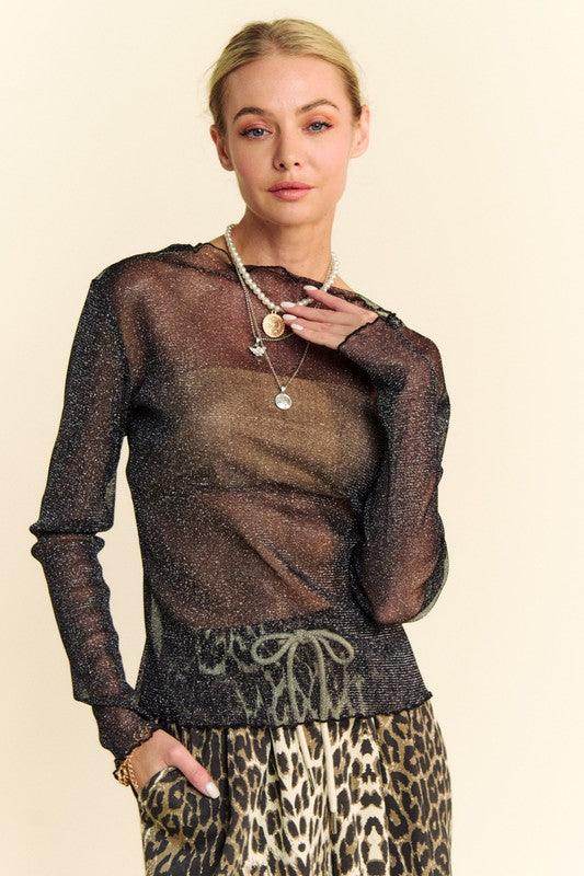 Davi & Dani Glitter Mesh Lettuce Hem Long Sleeve Top for Women - Selvanelle