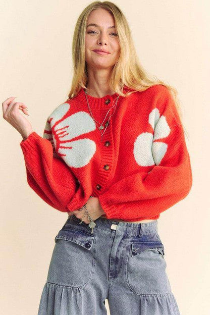 Davi & Dani Flower Contrast Round Neck Long Sleeve Cardigan - Selvanelle