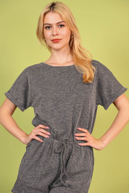 Round Neck Short Sleeve Romper with Pockets - Selvanelle