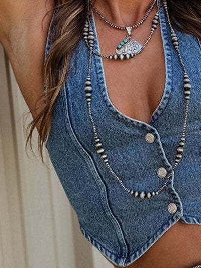 Buttoned V-Neck Denim Top for Stylish Casual Outfits - Selvanelle