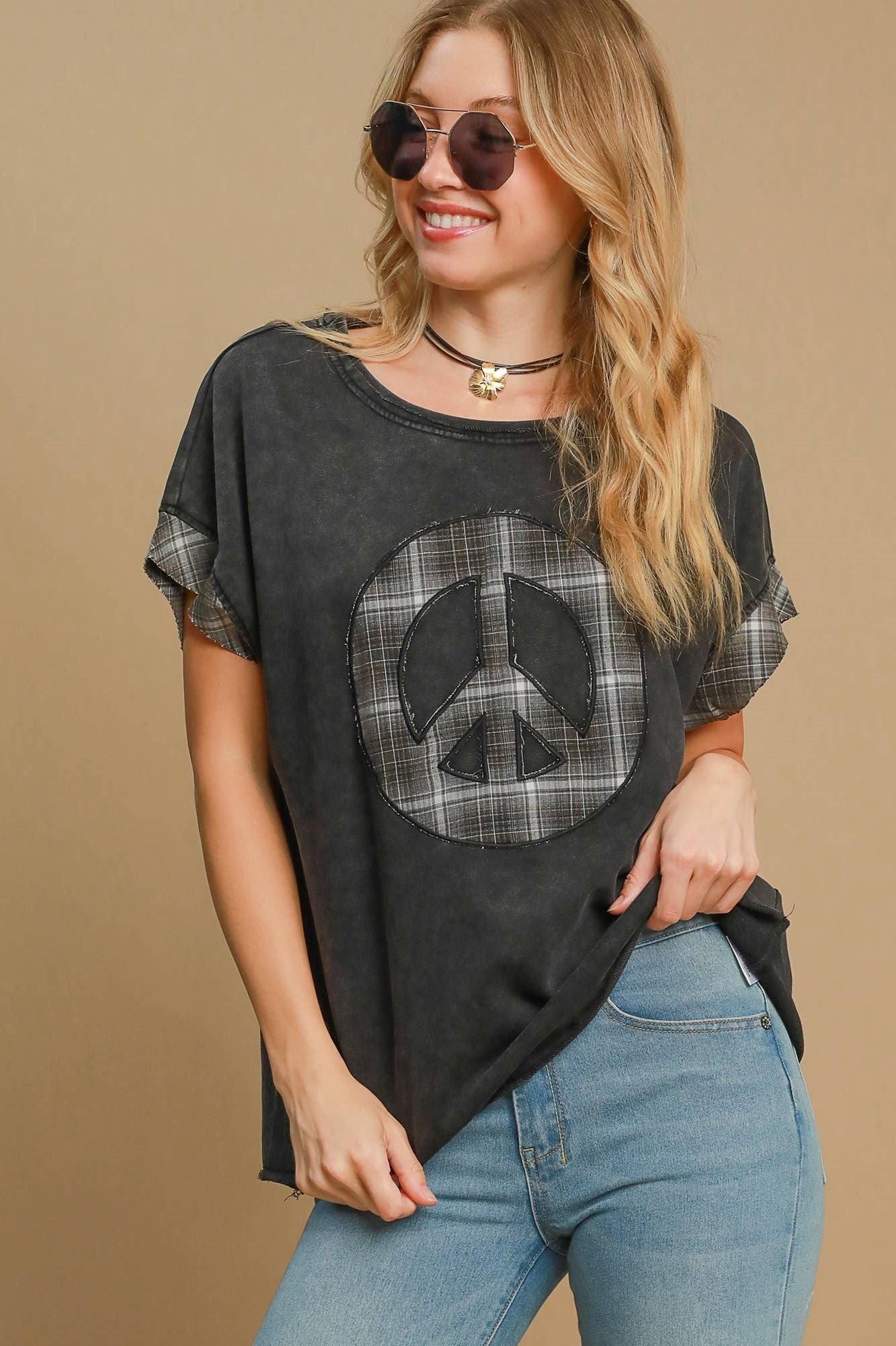 Umgee Peace Applique Round Neck French Terry Top for Women