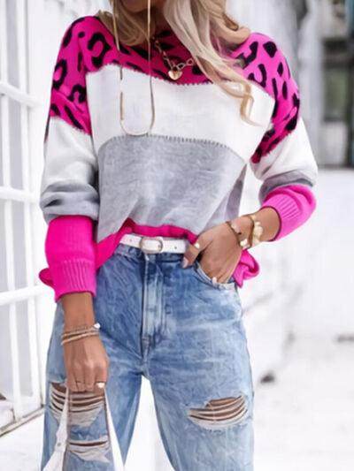Leopard Color Block Round Neck Long Sleeve Sweater for Women - Selvanelle