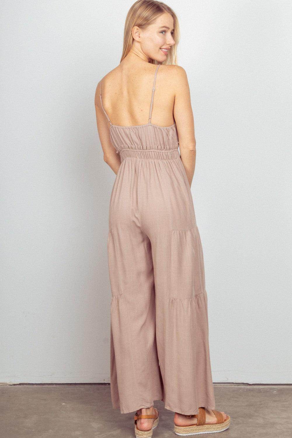 Very J Sleeveless Ruched Wide Leg Jumpsuit for Women - Selvanelle