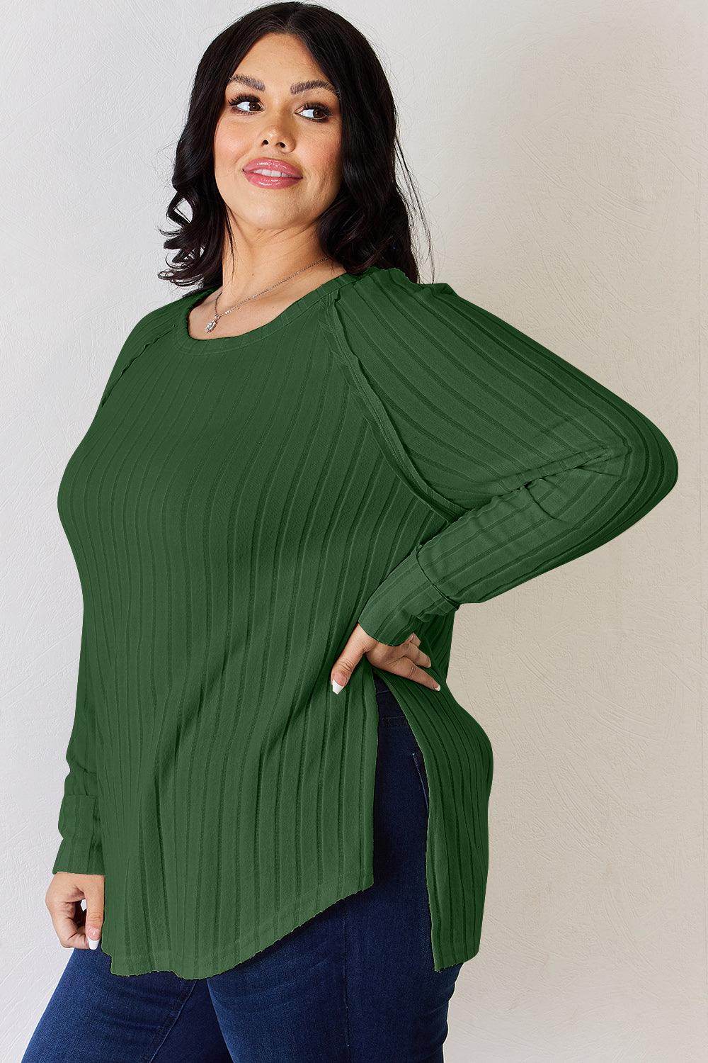 Basic Bae Full Size Ribbed Round Neck Slit T-Shirt for Women - Selvanelle