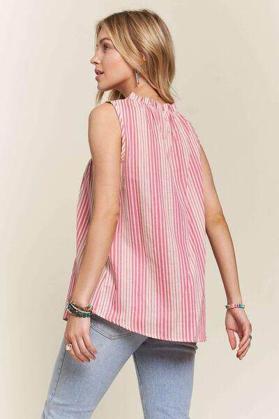 ADORA Contrast Striped Frill Round Neck Sleeveless Top for Women - Selvanelle