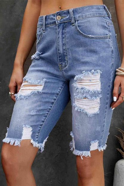 Distressed Frayed Hem Denim Bermuda Shorts for Women - Selvanelle