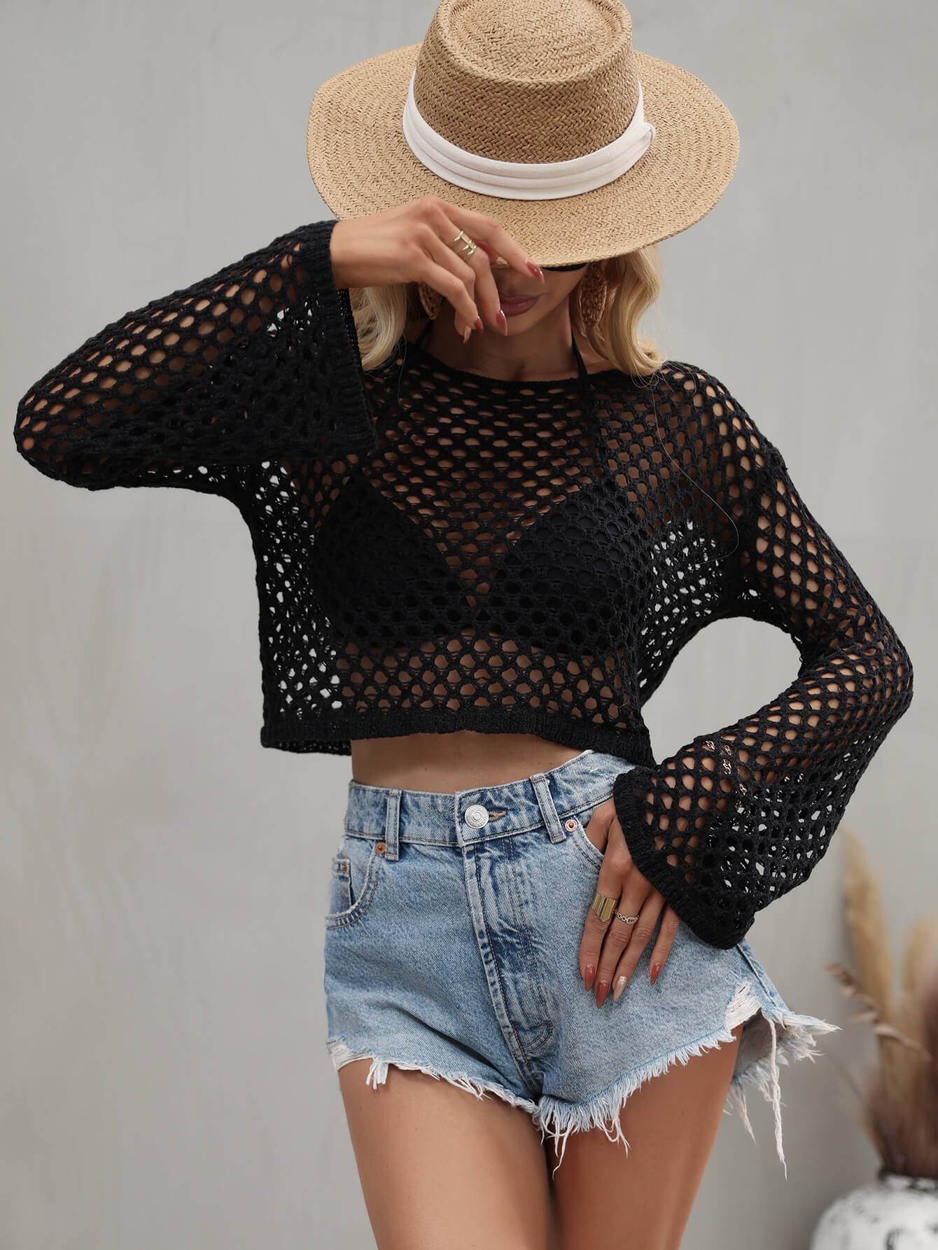 Openwork Flare Sleeve Cropped Cover Up - Selvanelle