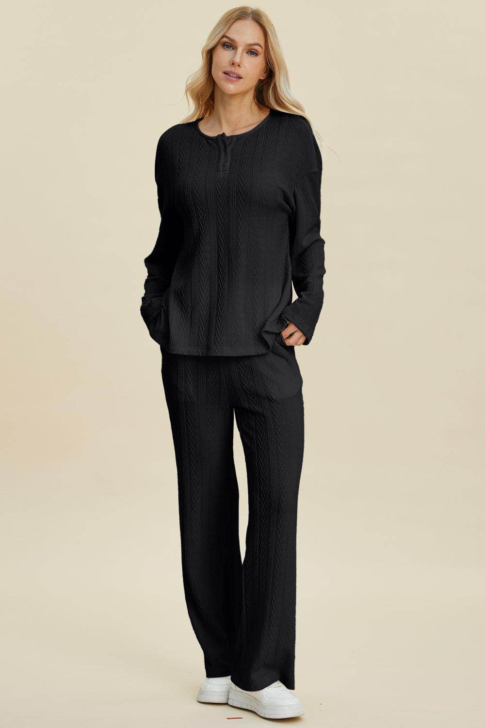 Double Take Full Size Cable-Knit Long Sleeve Top Pants Set - Selvanelle