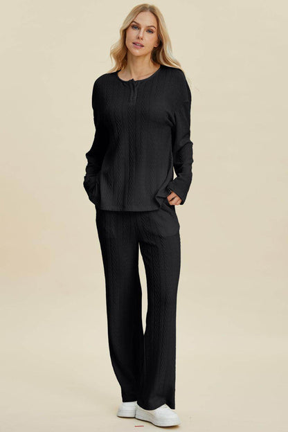 Double Take Full Size Cable-Knit Long Sleeve Top Pants Set - Selvanelle