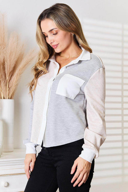 Double Take Color Block Curved Hem Shirt for Women - Selvanelle