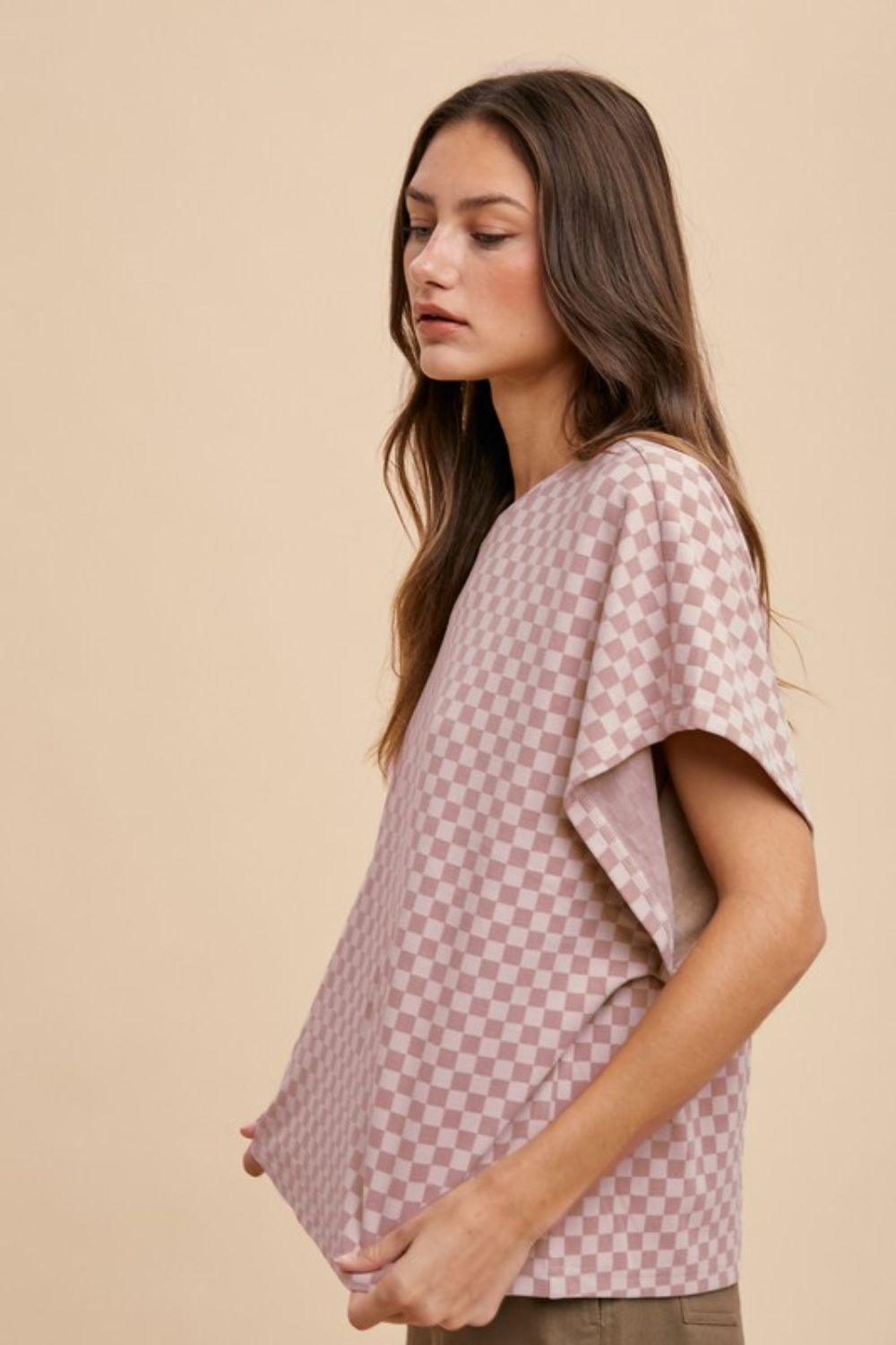 Annie Wear Checkered Round Neck Short Sleeve T-Shirt for Women