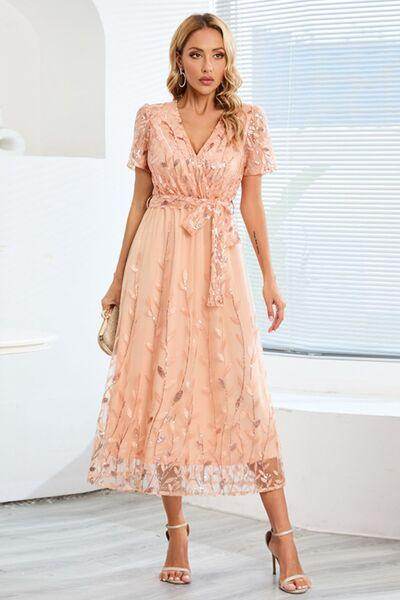 Sequin Leaf Embroidery Tie Front Short Sleeve Dress for Women - Selvanelle