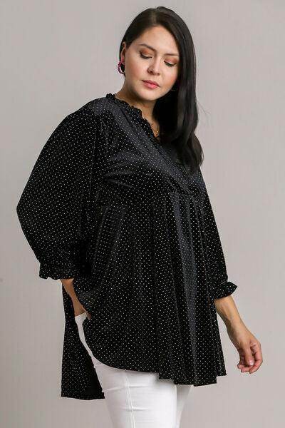 Umgee Full Size Beaded Frill Flounce Sleeve Velvet Blouse - Selvanelle