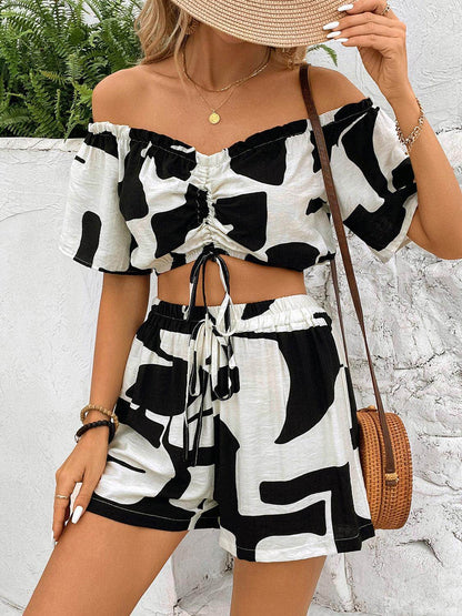 Perfee Drawstring Off-Shoulder Top and Shorts Set for Women - Selvanelle