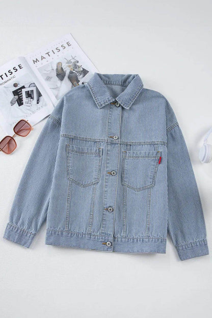 Striped Button Up Long Sleeve Denim Jacket for Women - Selvanelle