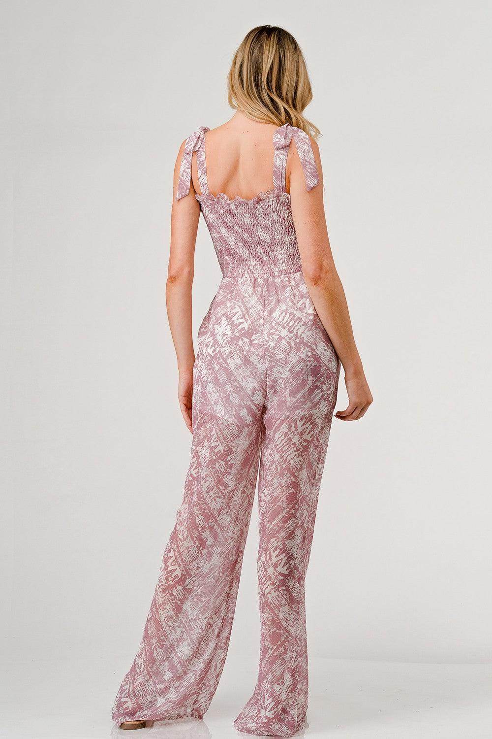 GeeGee Printed Tie Shoulder Wide Leg Jumpsuit for Women - Selvanelle