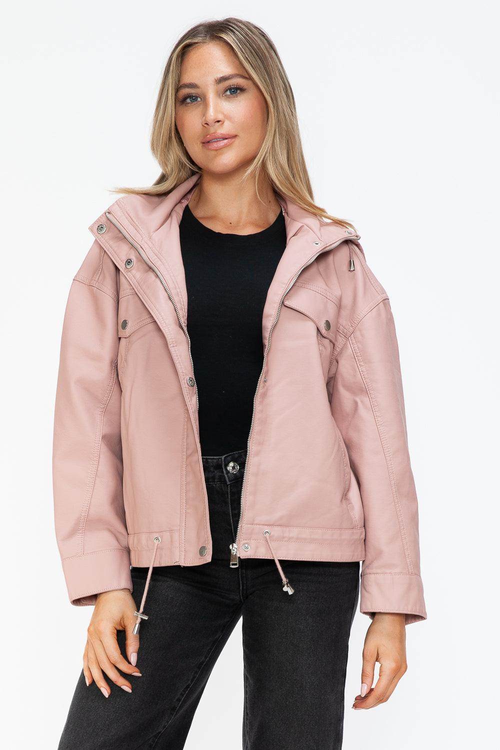 How Dare U Drawstring Hem PU Leather Zip Up Jacket for Women - Selvanelle