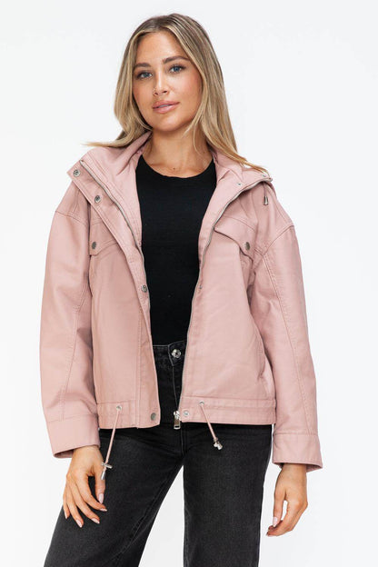 How Dare U Drawstring Hem PU Leather Zip Up Jacket for Women - Selvanelle
