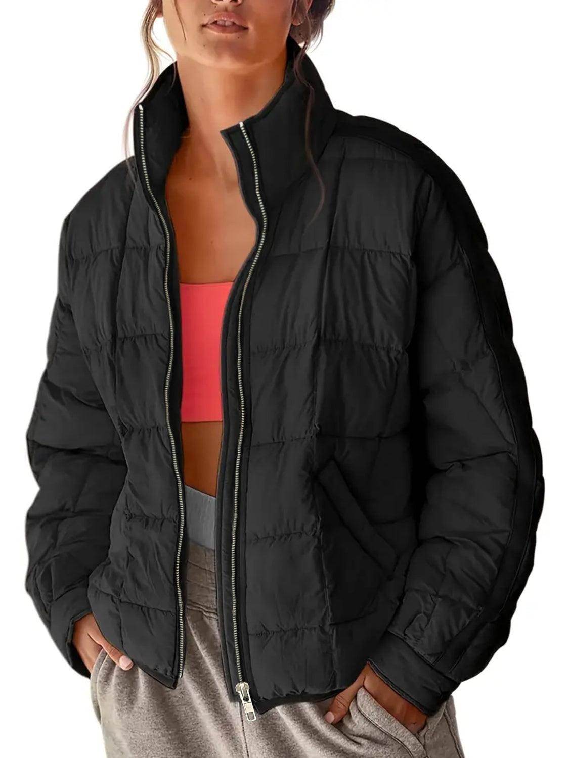 Pocketed Plaid Quilted Zip Up Winter Coat for Women - Selvanelle